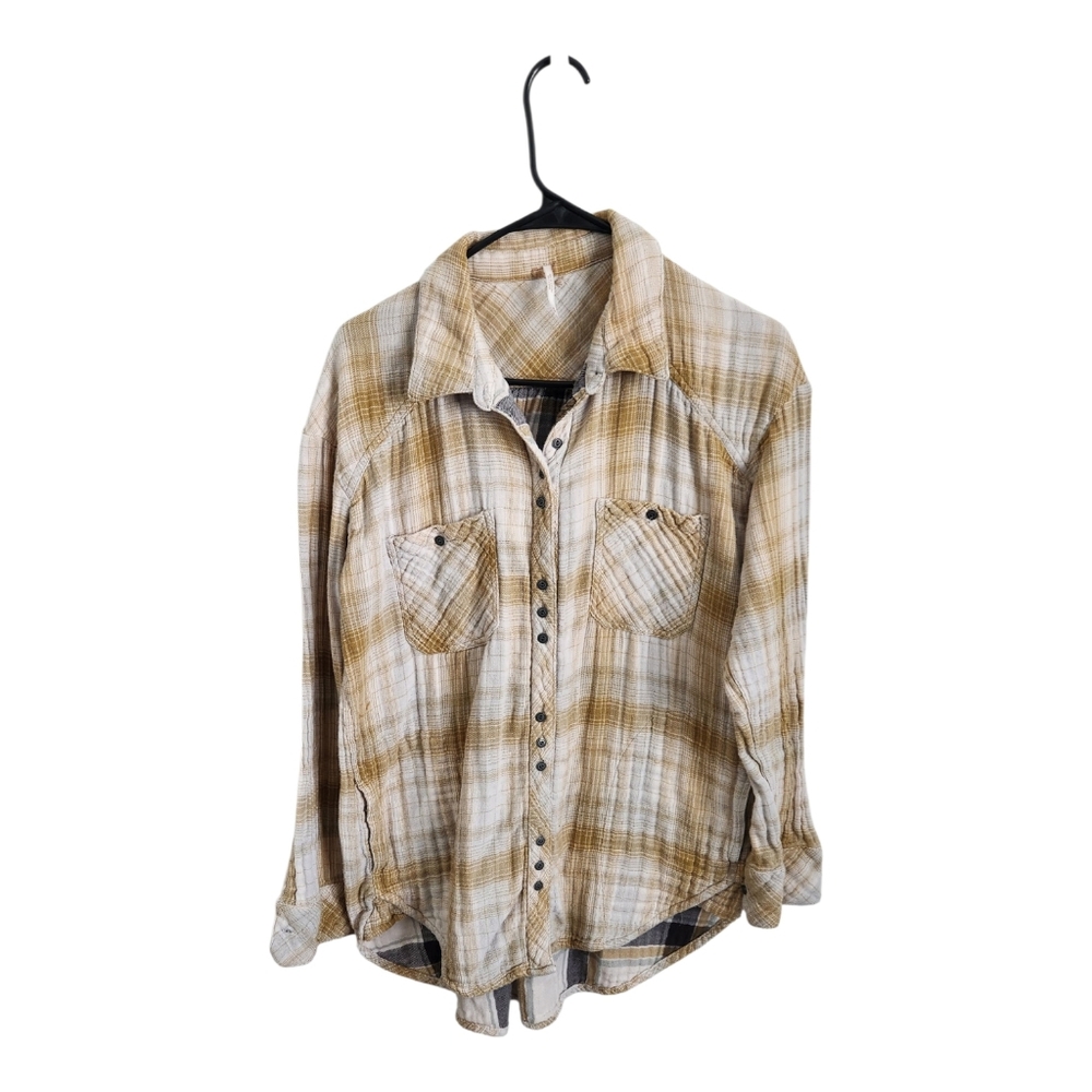 Free People 100% Cotton Plaid Button-Up Shirt in Tan and White Size Medium